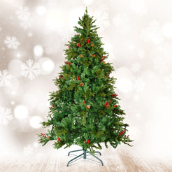 Brad artificial, 210 cm, PE/PVC, cu bobițe roșii